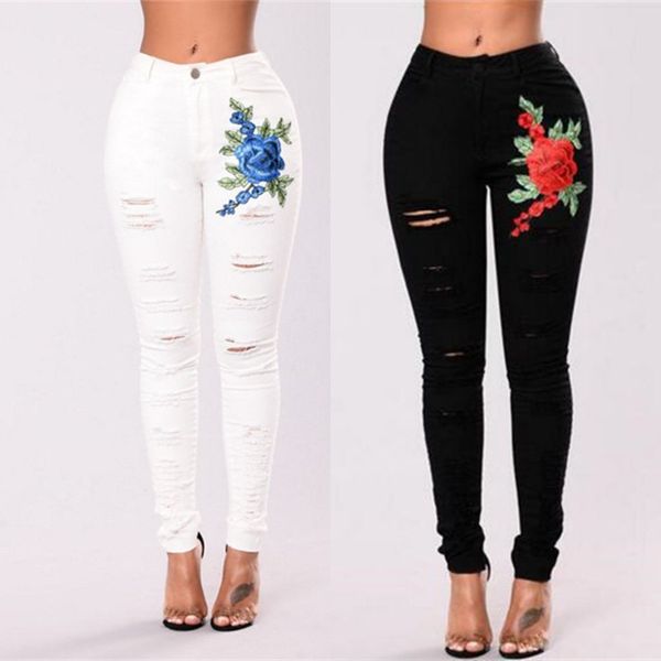 

fashion a pair of jeans black and white cut embroidered women's leggings, Blue