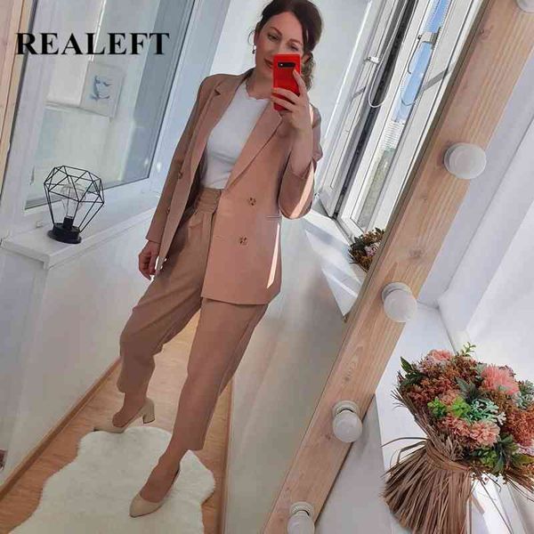 ReaLeft New Outono Inverno Feminino Pant Suit Double Breasted Breasted Blazer Jaqueta Jaqueta Pant Office Wear Mulheres Terno Feminino Conjuntos 210331