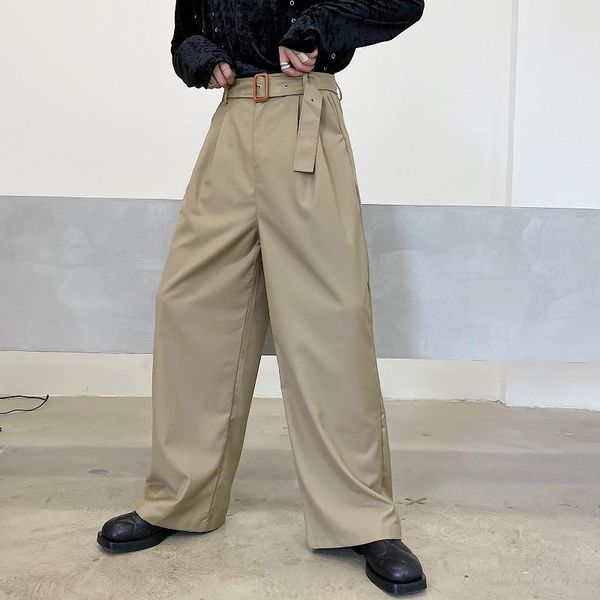 

men high waist belt casual wide leg suit pant male vintage fashion streetwear loose long trousers zipper full length sashes men's pants, Black