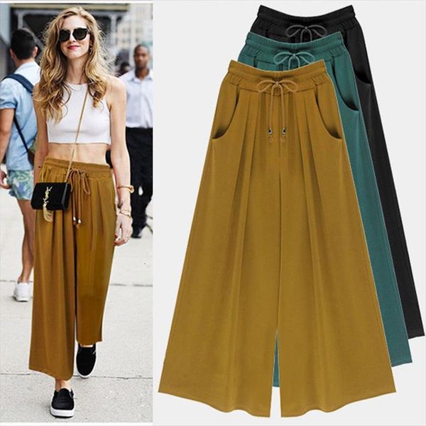

casual high waist womens pants wide leg culottes lace up fashion trousers with pockets breathable comfort plus size 5xl, Black;white