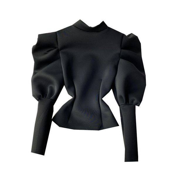 

temperament stand-up collar shirt women autumn and winter slim long-sleeved puff sleeve top, White