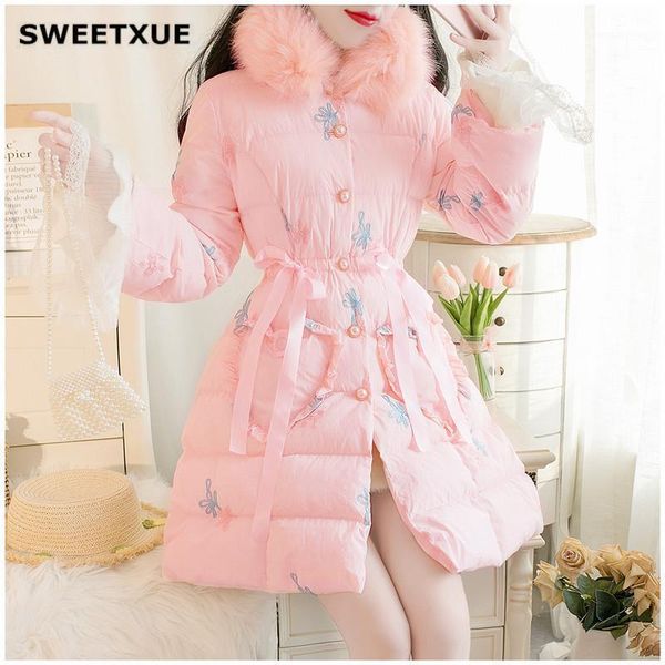 

women's down & parkas sweetxue winter jacket women 2021 fake fur collar outwear slim female long lovely cotton coat, Black