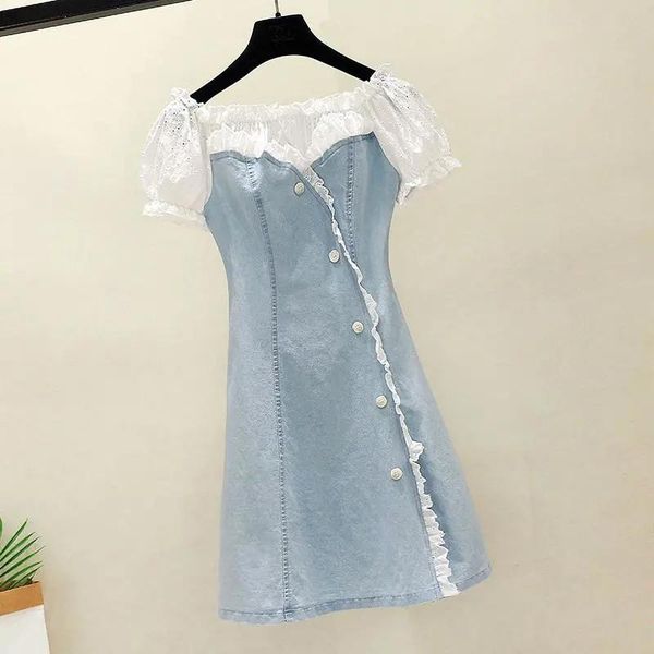 

casual dresses fashion denim women goth dress 2021 summer retro square neck puff sleeve long vestido de mujer haut femme Ã©tÃ©, Black;gray