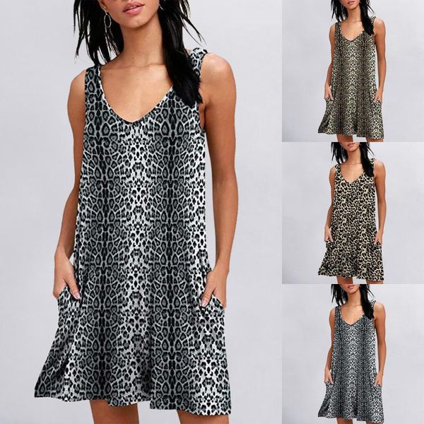 

women's swimwear women v-neck tank mini dresses summer plus size leopard sleeveless pockets loose dress casual beach a-line sundress ve, White;black