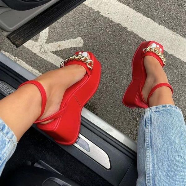 

sandals summer thick low slope high heel rhinestone chain decorative buckle all-match large size women's shoes platform, Black