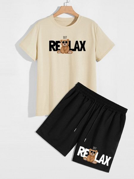 

men bear doll and slogan graphic tee with shorts r6wj#, Gray