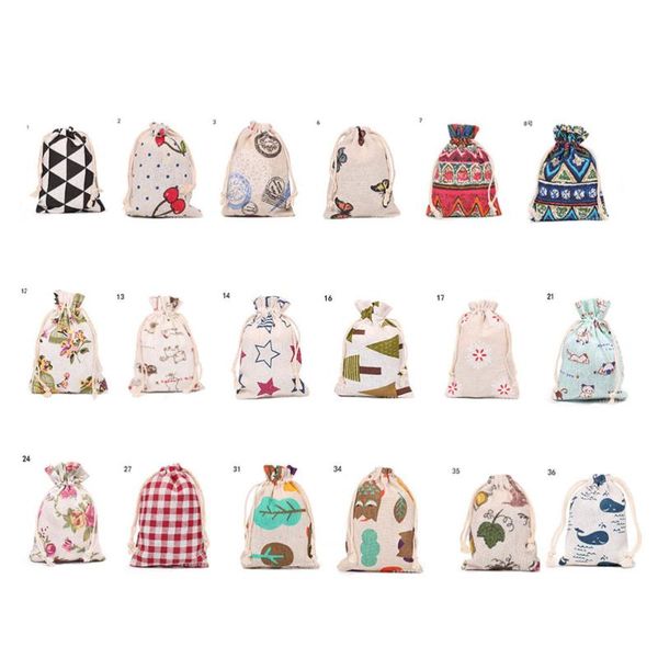 

gift wrap 18pcs/pack printed burlaps bags with drawstring linen favor gadget pouches for daily use 14x10cm(assorted color)