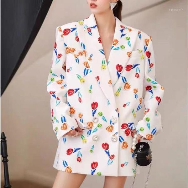 

women's suits & blazers celebrity floral print suit coat women loose double breasted crystal diamond white long dress female business, White;black
