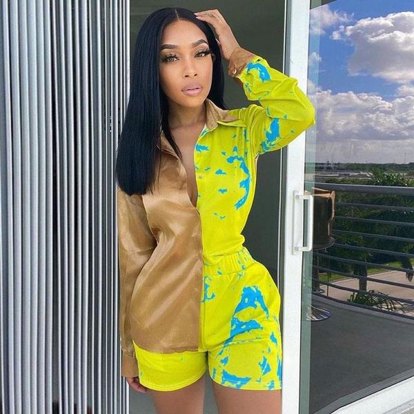 

women's tracksuits women summer outfits loungewear matching sets tie dye two piece set long sleeve button t shirt biker shorts, Gray