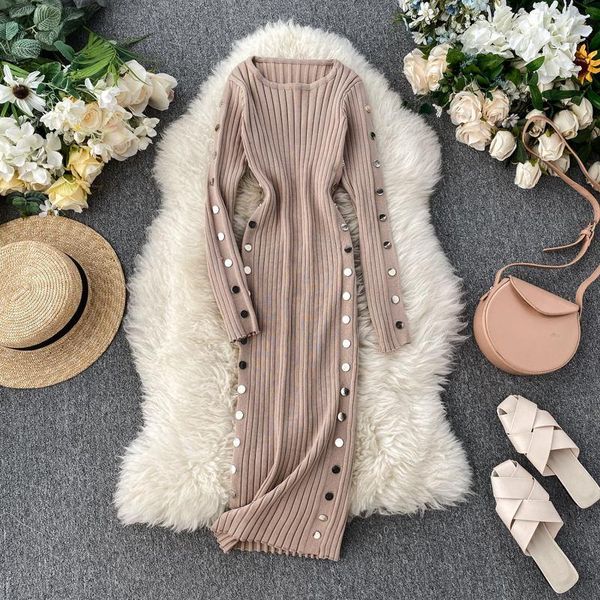 

casual dresses luosha women autumn winter knitted o neck long sleeve striped buttons party dress female slim sheath vestidos, Black;gray