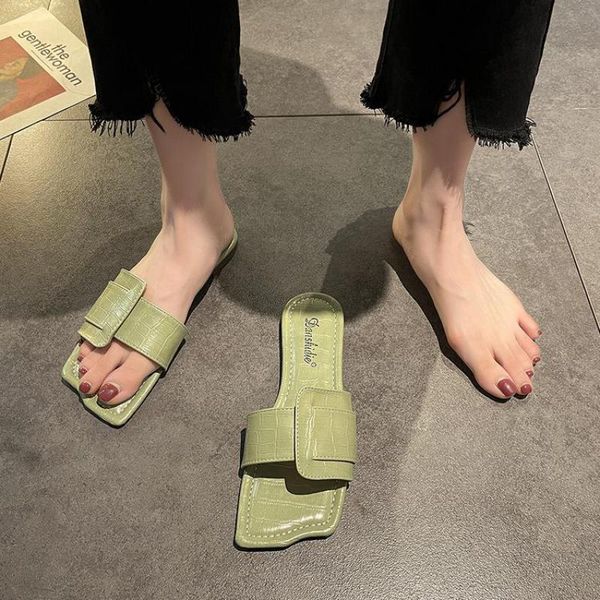 

slippers women's summer 2021 outdoor slip on slides fashion square toe brand flat sandals ladies solid flip flops lady shoes, Black