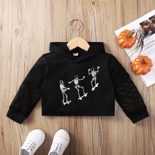 

2021 baby girls sweatshirts spring autumn fashion middle child hoodies black hooded net long sleeve skull print medium kids girl clothes out