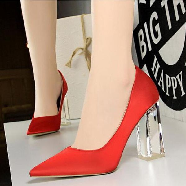 

dress shoes women pumps pointed toe transparent square heel high heels party nightclub wedding 10cm big size 43 b11-80, Black