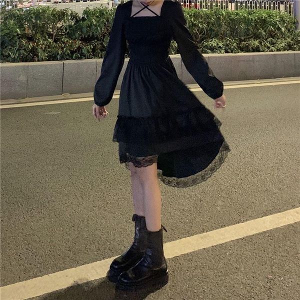 

casual dresses gothic women black party dress lolita princess irregular cute kawaii lace ruffles square collar summer, Black;gray