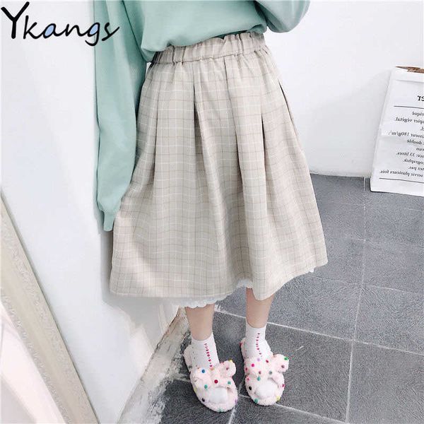 

vintage plaid lace stitching women pleated skirt spring midi summer girls skirt fashion japanese sweet female cute skirts 210619, Black