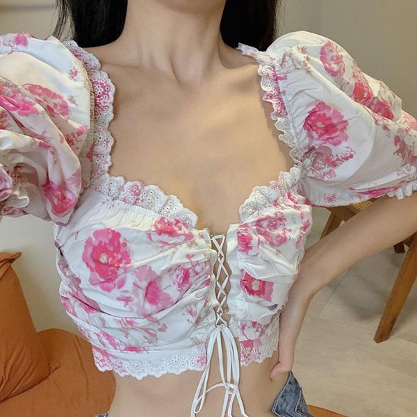 

women's blouses & shirts 2021 girls square collar short puff sleeve printed lace up white blouse crop for female