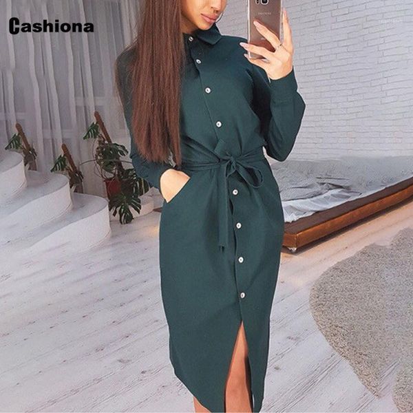 

cashiona 2021 spring autumn wrap shirt dress women elegant green long sleeve lepal collar office dresses sashes vestidos casual, Black;gray