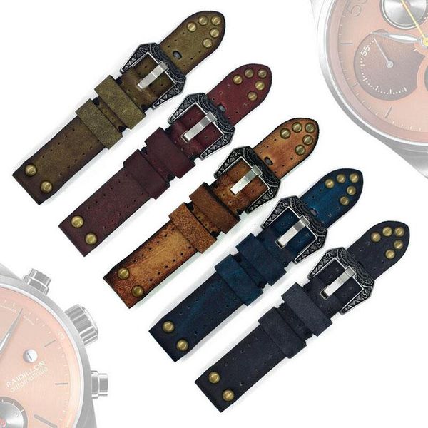 

watch bands amq soft calfskin leather watchband band wrist strap 18mm 20mm 22mm 24mm with black vintage rivets stainless steel buckle, Black;brown