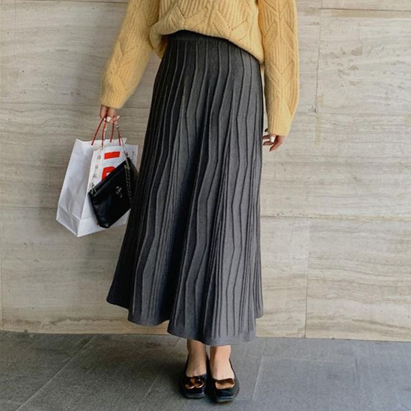 

skirt women 2021 vintage long high waist style japanese big swing woolen ankle-length a-line three color suit fall winte skirts, Black