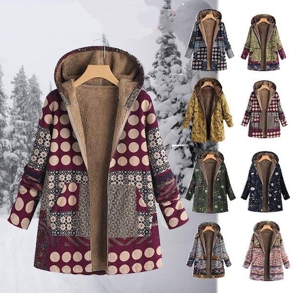 

women's jackets vintage ethnic coat, floral pattern, with hood, pockets, zipper jacket, wool lining, winter, warm, casual, outdoor clot, Black;brown