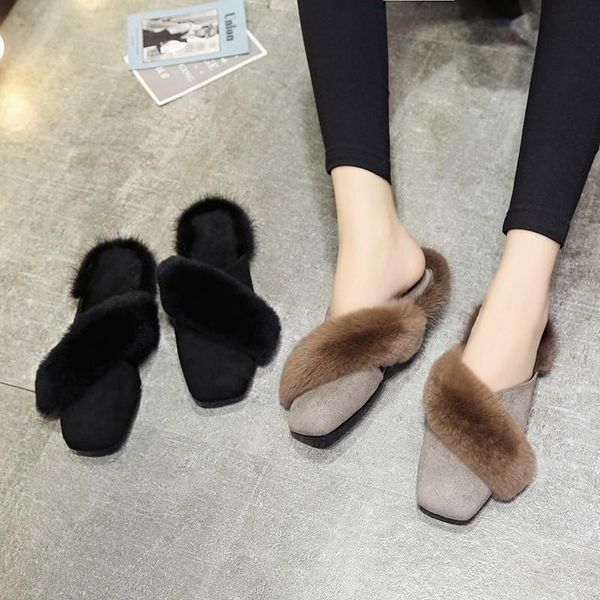 

slippers sweet solid fluffy fur women closed toe indoor shallow ladies slides flat square heel with winter shoes, Black