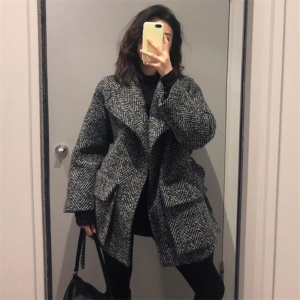 

women's wool & blends suit woolen jacket autumn winter short jackets 2021 korean loose waist retro coats with belt overcoats m661, Black