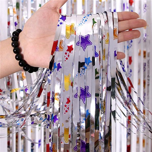 

party decoration 1mx2m silver five pointed star favors wedding pozone rain tinsel foil birthday wall drapes backdrop curtain