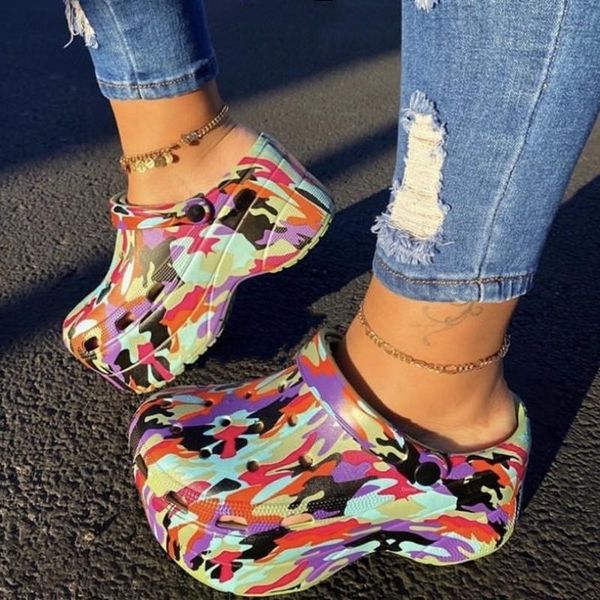 

sandals women's ripped shoes camouflage slippers high-heeled fashionable outdoor beach super, Black