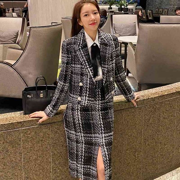 Inverno Runway Moda Donna Business Plaid Doppio Petto Giacca di Tweed Cappotto Abiti + Gonna a tubino a vita alta 2 pezzi Set 210514