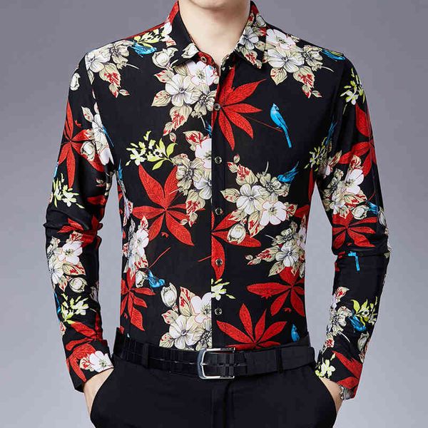 Флористические печать с длинным рукавом мужские рубашки повседневный клен Цветок Мужская рубашка Мягкие Мужчины Рабочие бизнес Бренд Рубашка Хребет Homme CamiSas 210524