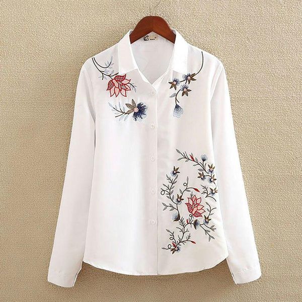 

women's blouses & shirts 2021 spring autumn women floral embroidery long sleeve plus size 5xl female white turn down collar m68