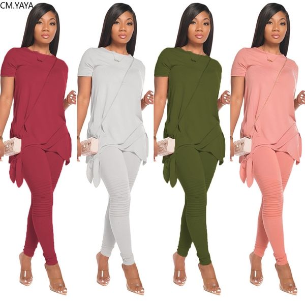 

cm.yaya active wear solid women's set o-neck bow hem t-shirts pencil pants suit tracksuit sporty two piece set fitness outfit 210727, White
