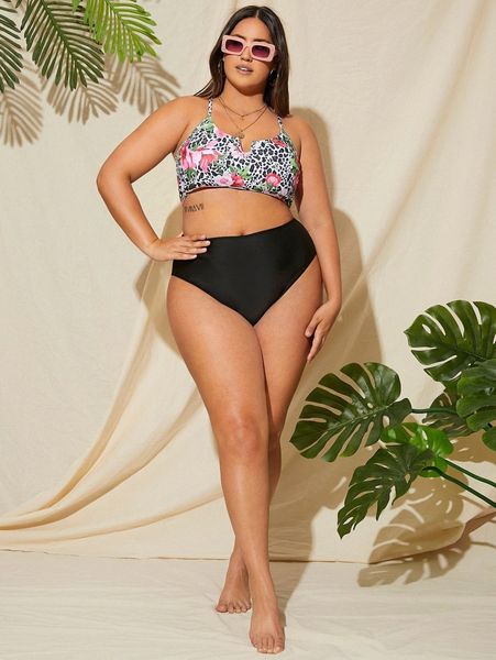 

plus floral & leopard print u wired bikini swimsuit r2vy#, Black