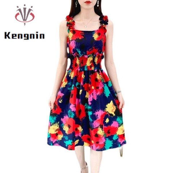 

casual dresses 2021 summer chiffon women dress print floral sleeveless lady spaghetti straps off the shoulder girls sundress ke1018, Black;gray
