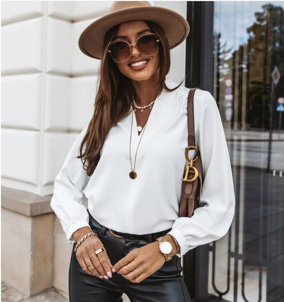 

design autumn elegant deep v-neck solid blouse shirts women casual loose long sleeve pullover office lady fashion sweet blusa xs, White