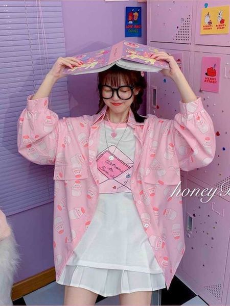 Camisa de leite de morango camisa lisa lisa coreana retro adiantado início de outono de manga longa estudante polo blusa 210526
