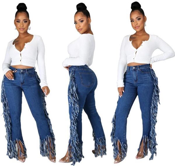 

double side tassel patchwork blue jeans women fashion slim mid waist straight female casual loose denim pants streetwear women's