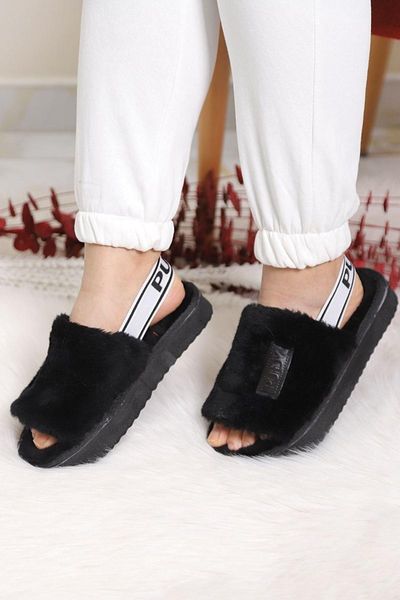 

women's black pufdy back wheel plush stylish home slipper slippers