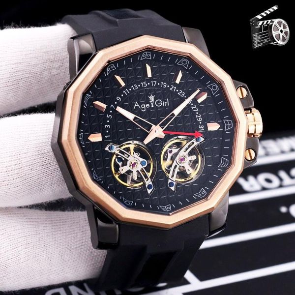 

wristwatches men black rubber stainless steel automatic mechanical ac-one tourbillon rose gold admiral's cup sapphire watch, Slivery;brown