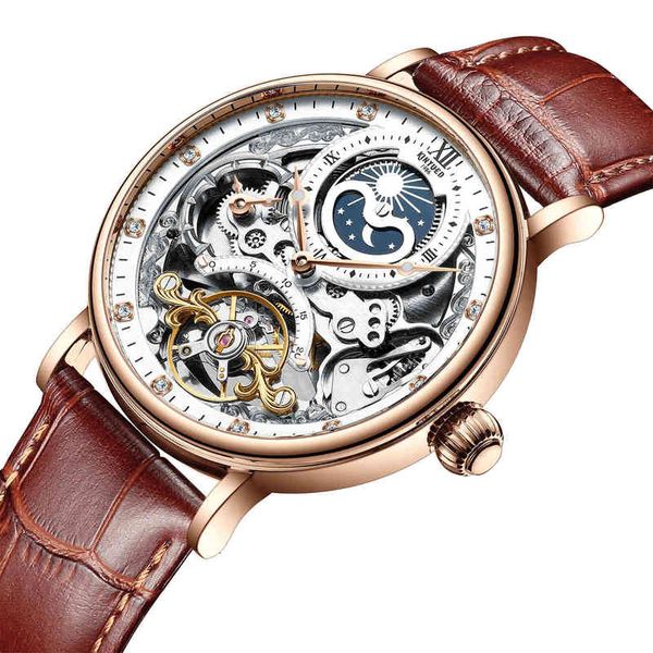 

mechanical watches luxury automatic men leather sapphire waterproof sports moon phase montre homme kinyued, Slivery;brown