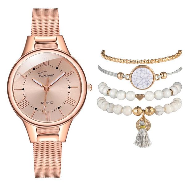 

wristwatches 4pcs bracelet set women rose gold mesh belt roma dial watch luxury ladies stainless steel quartz wrist watches relogio feminino, Slivery;brown