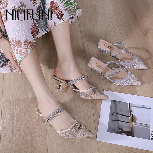 

slippers crystal straps pointed toe mesh slides slip-on women's sandals elastic band sequins shoes hollow heels, Black
