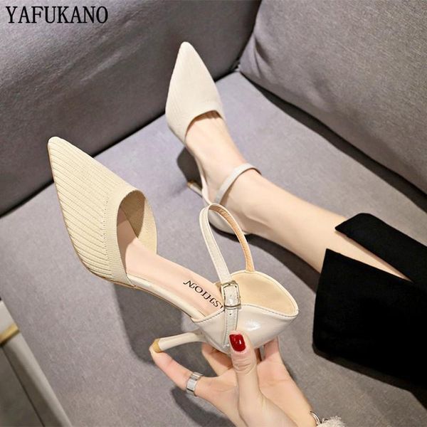 

women pumps knitting high heels ankle strap female classic toe dress cute shoes ladies footwear sexy, Black
