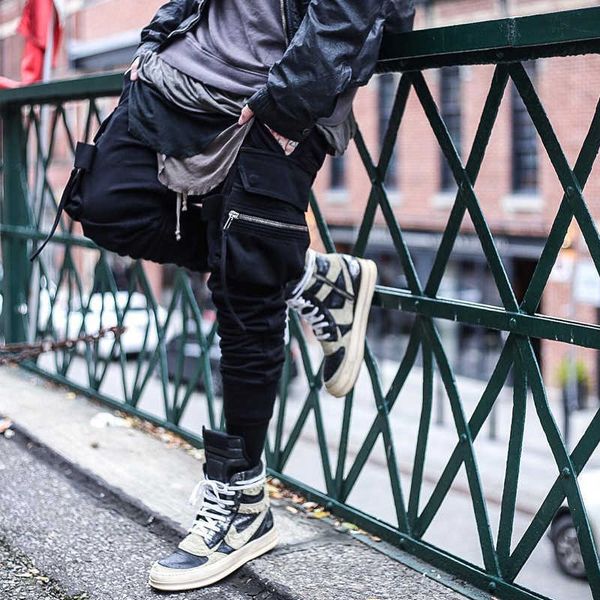 

oneofyou dark black classic large pocket tooling shell pants ro high street slim functional leggings men's pants ncfz, White;black