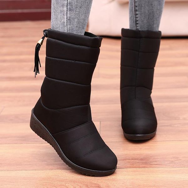 

boots winter women waterproof snow female plush shoes ladies mid-calf platform casual fur wedge botines mujer nice, Black