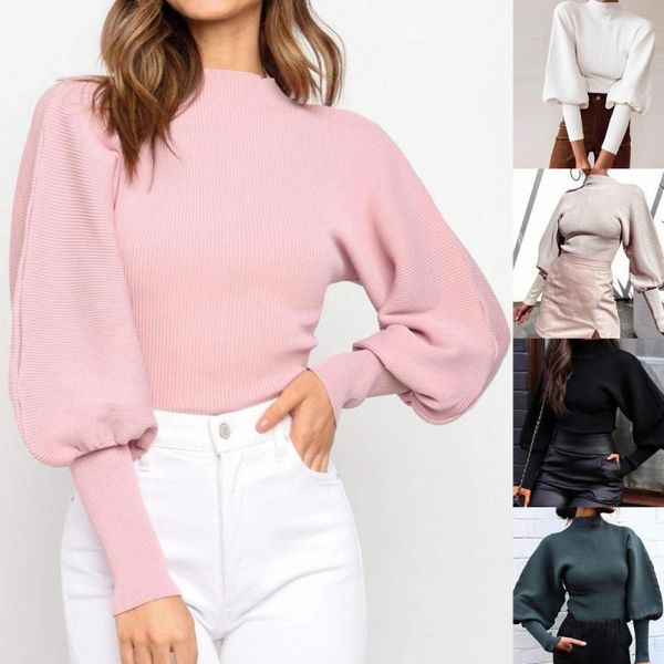 

women's sweaters elegant women solid color high collar lanternlong sleeve loose knitted pullovers for streetwear, White;black