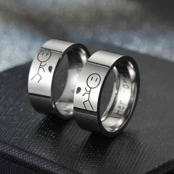 

fashion simple cartoon titanium steel ring couple engraved he forever her wedding engagement jewelry gift, Silver