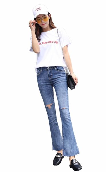 

women's jeans women fashion flare pants denim stretch slim ripped hole skinny, Blue