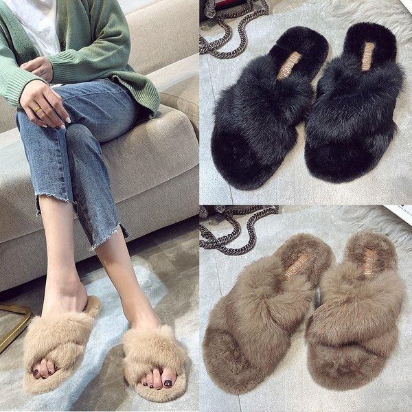 

cross mao slippers women wear 2021 warm fur flat at home in winter, Black