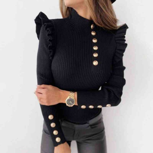 

sweater knitted 2021 women's winter casual turtlene solid color women sweater ruffled button pullover slim ny women, White;black
